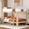 Modern wooden bunk bed with ladder and white guard rails, terracotta bedding in a minimalist space-saving loft bedroom with brick accent wall and potted plant