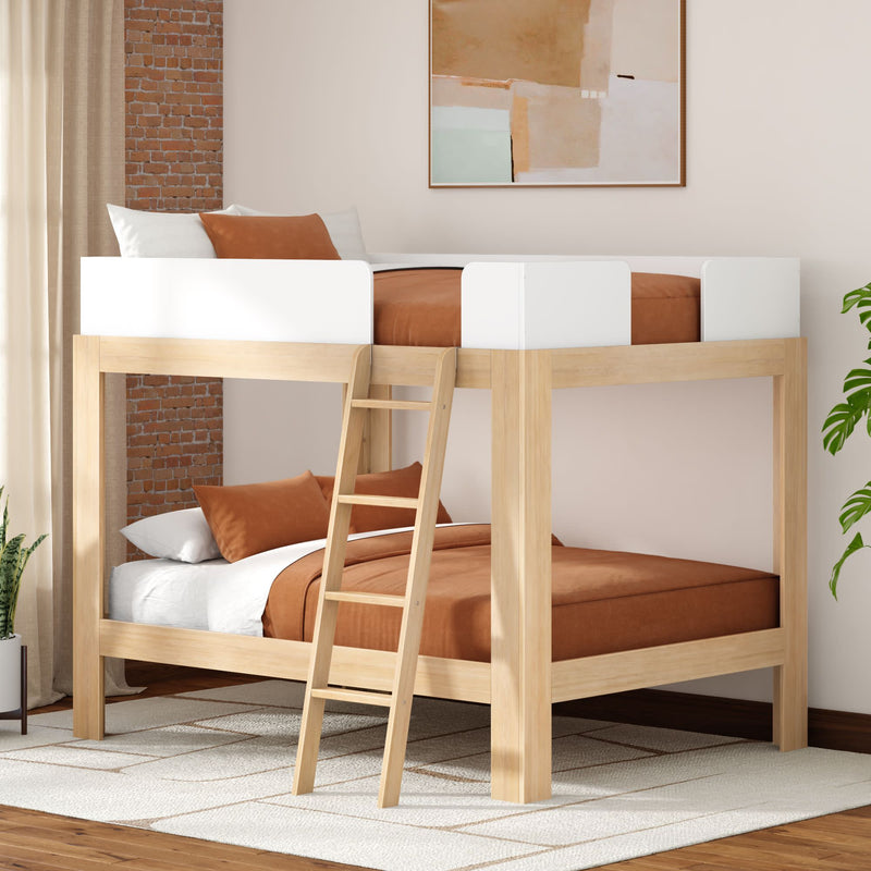 Modern wooden bunk bed with ladder and white guard rails, terracotta bedding in a minimalist space-saving loft bedroom with brick accent wall and potted plant