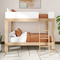 Modern natural wood bunk bed with ladder, white guardrail and terracotta bedding in a minimalist bedroom