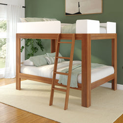 Wooden loft bed with ladder in a modern bedroom with green walls and natural light.