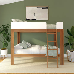 Modern wooden loft bed in a stylish green bedroom with plants and abstract wall art.