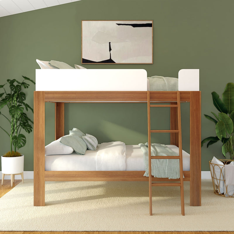 Modern wooden loft bed in a stylish green bedroom with plants and abstract wall art.