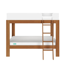 Stylish wooden bunk bed with ladder and white mattresses, ideal for kids' bedroom furniture solutions.