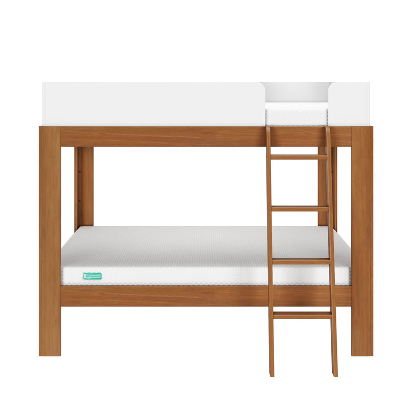 Stylish wooden bunk bed with ladder and white mattresses, ideal for kids' bedroom furniture solutions.