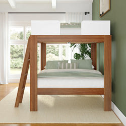 Wooden loft bed with green and white bedding in a modern, sunlit bedroom.