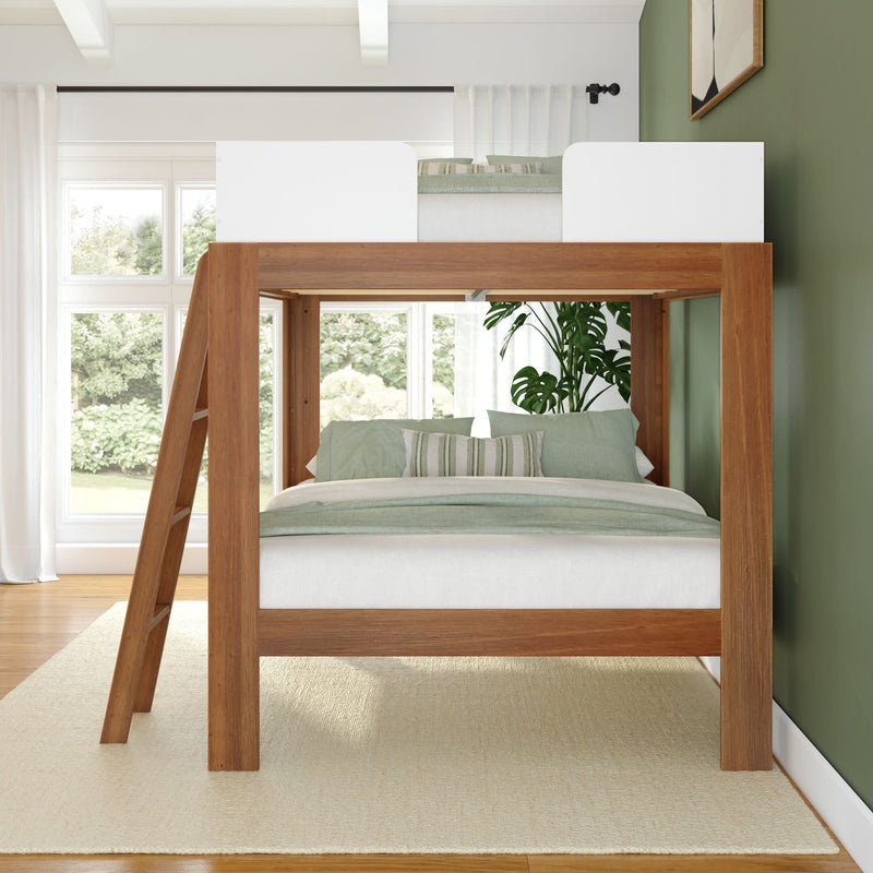 Wooden loft bed with green and white bedding in a modern, sunlit bedroom.