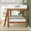 Wooden loft bed with green and white bedding in a modern, sunlit bedroom.
