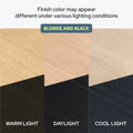 Blonde and black wood finish comparison showing how finish color appears differently under warm light, daylight, and cool light for furniture and cabinetry