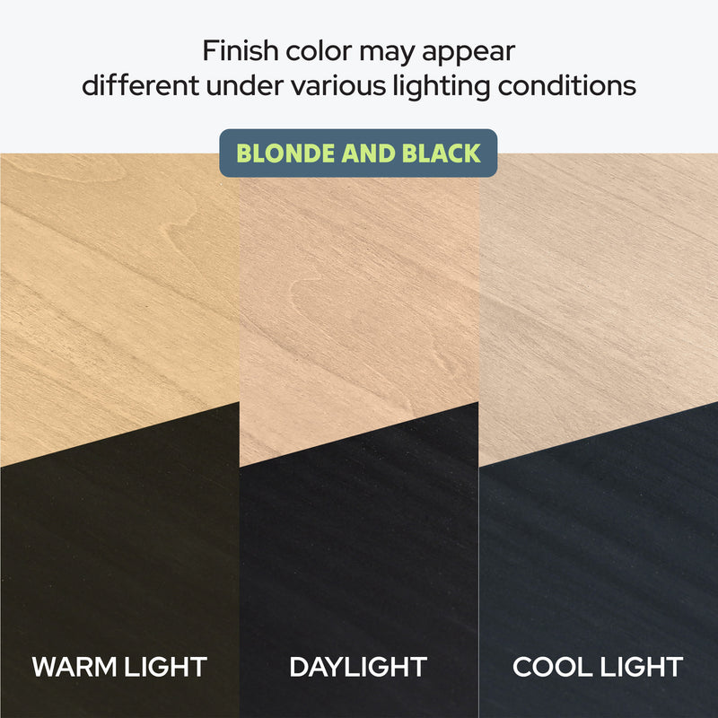 Blonde and black wood finish comparison showing how finish color appears differently under warm light, daylight, and cool light for furniture and cabinetry