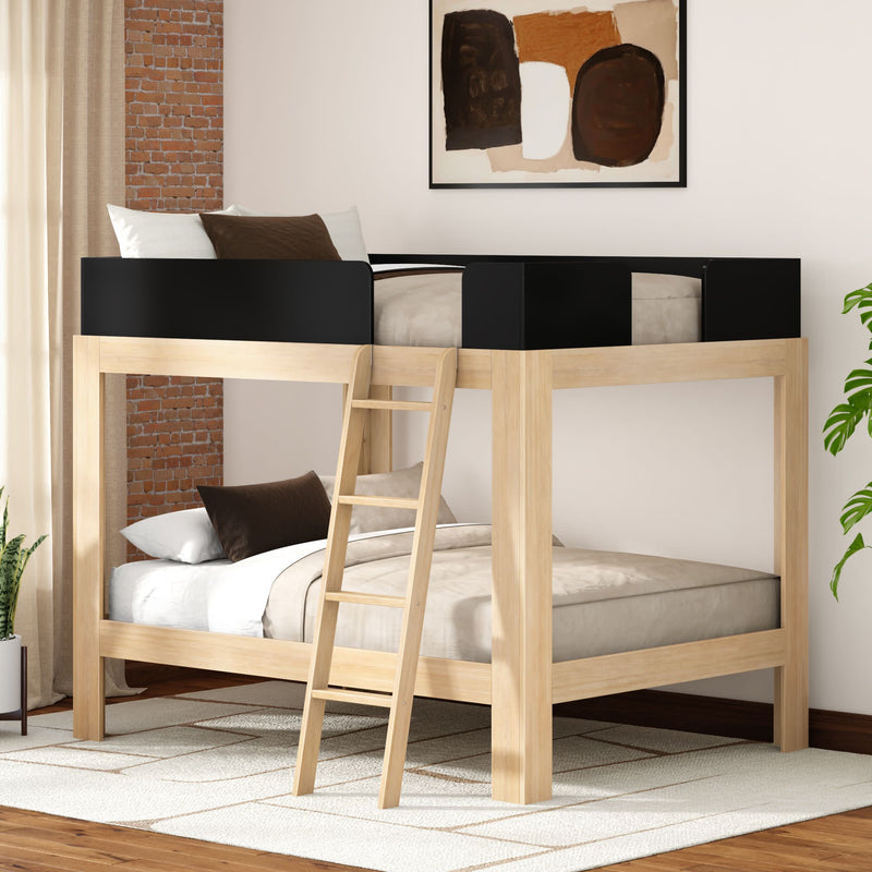 Modern solid wood loft bunk bed with ladder and black guardrails in a neutral minimalist bedroom