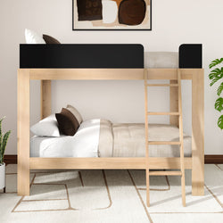 Modern wooden loft bunk bed with ladder in neutral bedroom, beige bedding and pillows, potted plants and abstract wall art