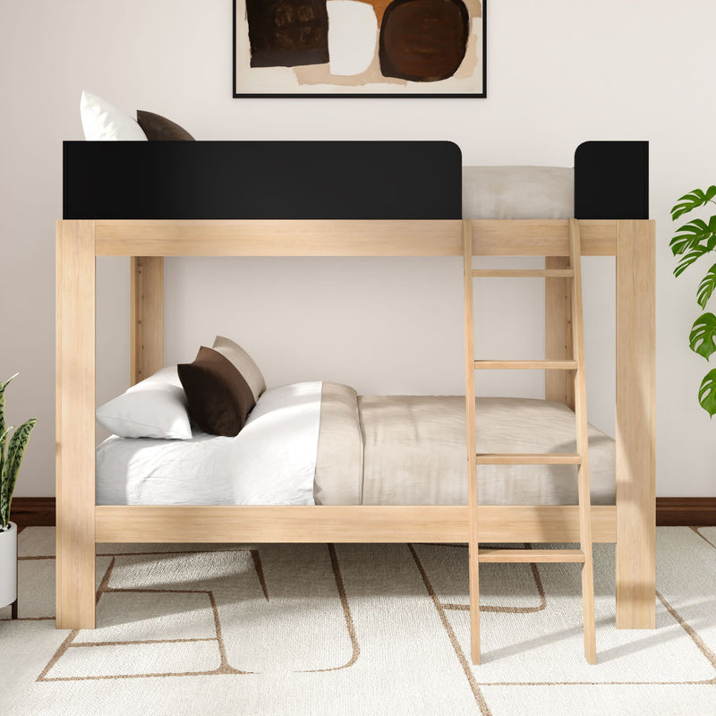 Modern wooden loft bunk bed with ladder in neutral bedroom, beige bedding and pillows, potted plants and abstract wall art