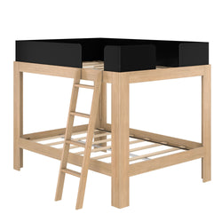 Natural oak wooden loft bed with angled ladder and black safety rails, space-saving kids' bedroom loft bed frame