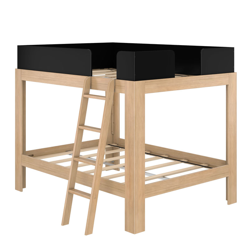 Natural oak wooden loft bed with angled ladder and black safety rails, space-saving kids' bedroom loft bed frame