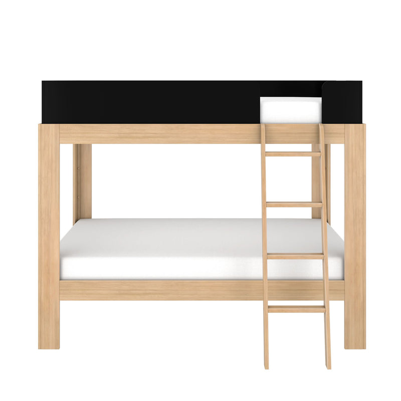 Modern natural wood loft bunk bed with ladder and black top guardrail, white mattresses — space-saving bunk bed for kids and teens