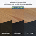 Pecan and black wood finish sample showing wood grain and color variation under warm light, daylight, and cool light to illustrate how finish color may appear different under various lighting conditions.
