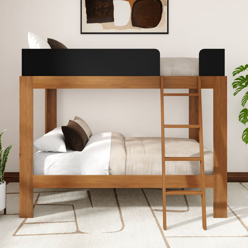 Modern wooden bunk bed with ladder and black safety rail, neutral beige bedding and decorative pillows in a minimalist bedroom with abstract wall art and potted plants