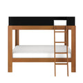 Modern wooden bunk bed with ladder, natural wood finish, black safety guardrail and white mattresses — minimalist loft-style bedroom furniture.