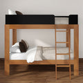 Modern wooden bunk bed with ladder in minimalist bedroom, white bedding and brown pillows on lower bed, hardwood floor