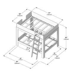 Dimensioned assembly diagram of a wooden loft bunk bed frame with ladder and guardrails, showing detailed measurements in inches and centimeters for length, width, and height