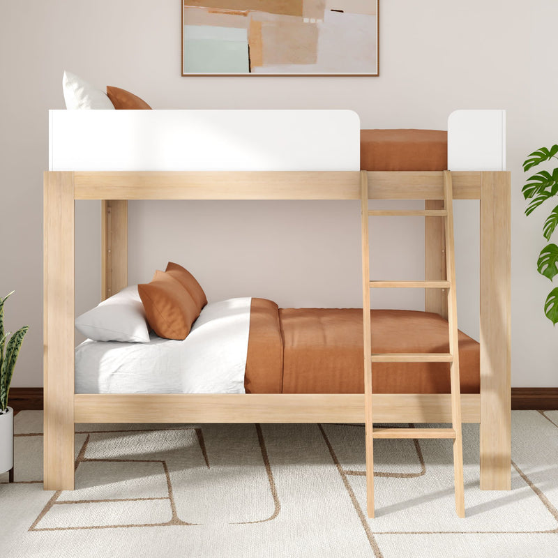 Modern light wood bunk bed with ladder, white guardrails and rust-orange bedding in a minimalist bedroom with abstract wall art and potted plant