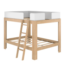 Modern natural wood loft bed with white guardrails and angled ladder, space-saving twin bed frame for kids' bedrooms