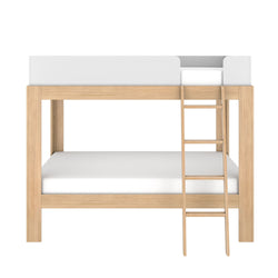 Space-saving natural wood bunk bed with ladder and white guardrail, modern minimalist loft bed for kids' bedroom