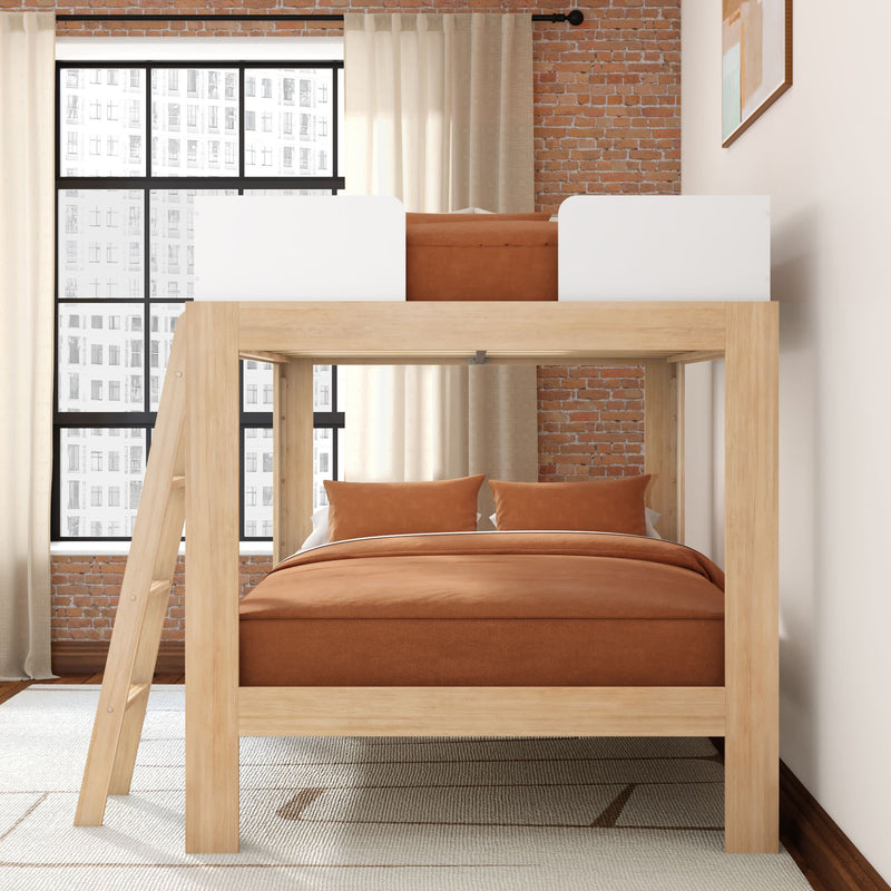 Modern wooden loft bunk bed with ladder and rust-brown bedding in industrial bedroom with exposed brick wall and large grid window