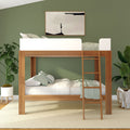 Modern wooden loft bed with ladder in stylish bedroom featuring green walls and plant decor.