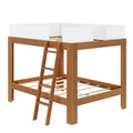 Wooden loft bed frame with ladder and white guardrails.
