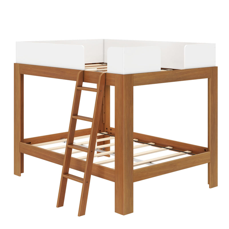 Wooden loft bed frame with ladder and white guardrails.