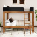 Modern solid wood bunk bed with ladder, natural wood finish, neutral beige bedding and brown accent pillows in a minimalist bedroom with indoor plants and abstract wall art