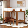Stylish wooden loft bed with ladder and modern orange chair in cozy apartment living space.