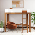 Stylish wooden loft bed with ladder and modern orange chair in a cozy room with houseplants.