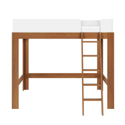 Wooden loft bed frame with white accents and attached ladder.