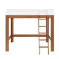 Wooden loft bed frame with white accents and attached ladder.