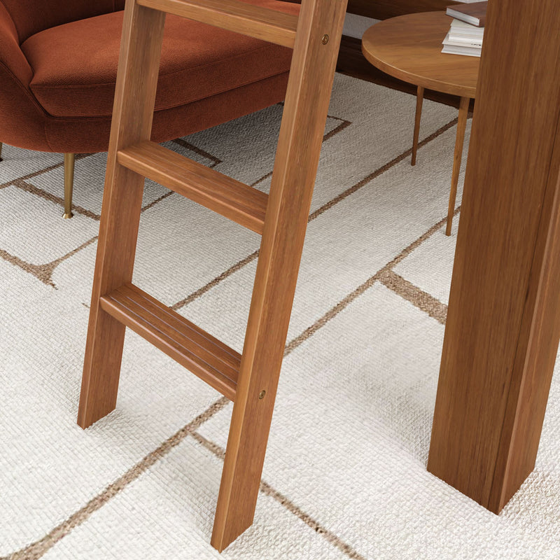 Wooden ladder next to mid-century modern furniture on patterned white rug.
