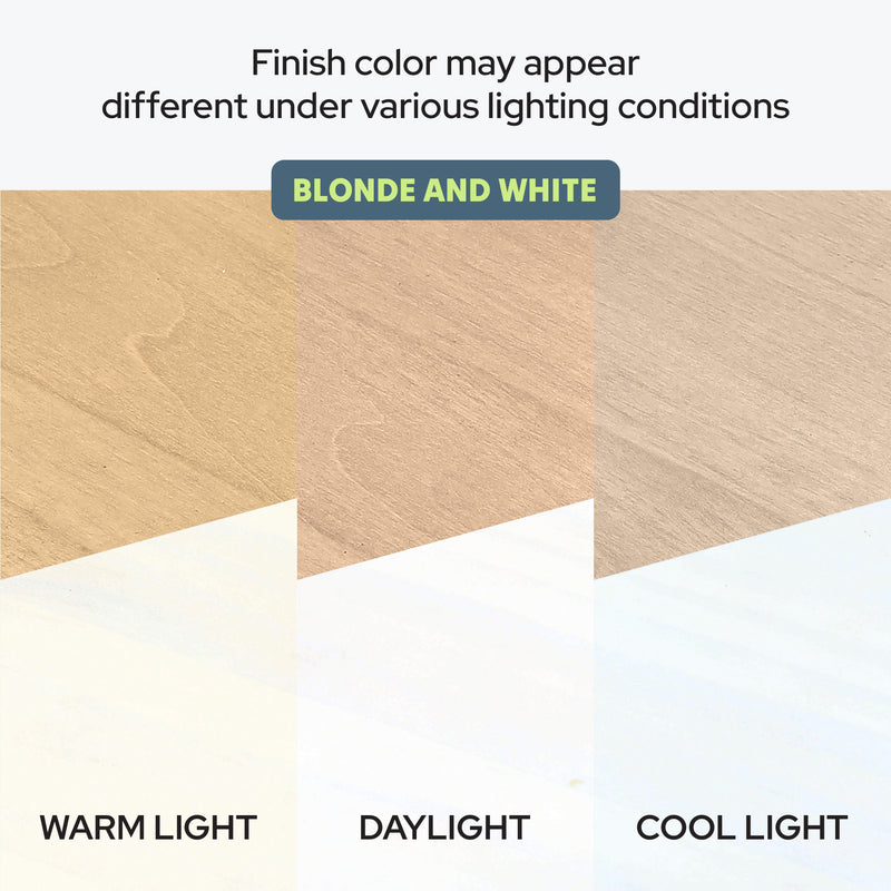 Blonde and white wood finish swatches under warm, daylight and cool light, showing color variation and wood grain