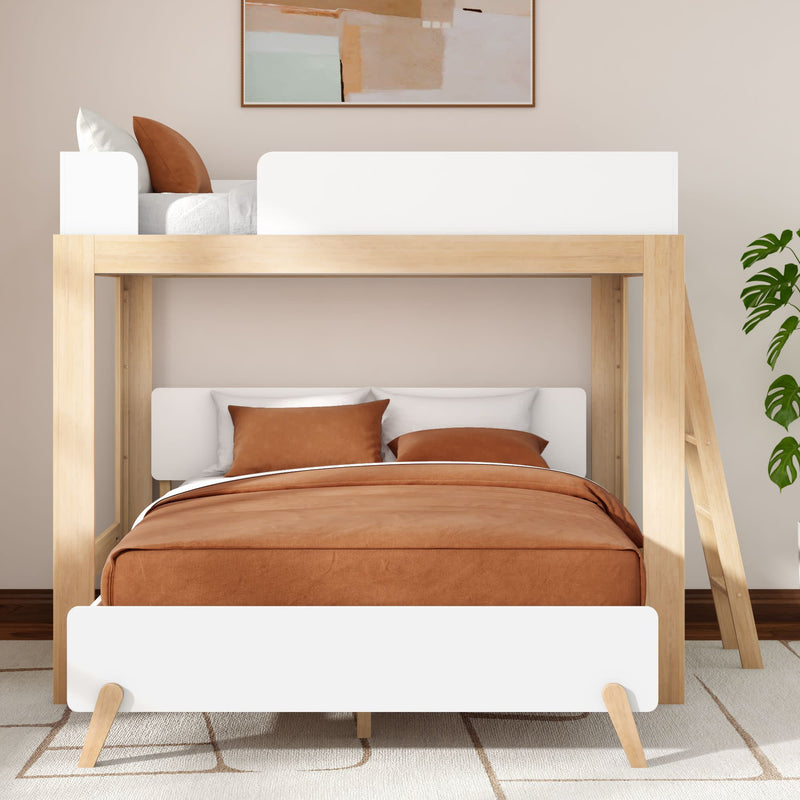 Modern wooden loft bunk bed with white accents and rust-brown bedding in a minimalist Scandinavian bedroom with ladder and potted plant