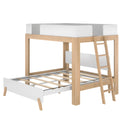 Modern natural wood and white twin-over-full loft bunk bed with ladder and slatted platform frame — space-saving kids bedroom furniture