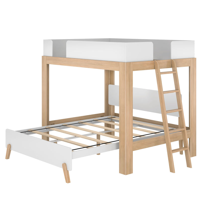 Modern natural wood and white twin-over-full loft bunk bed with ladder and slatted platform frame — space-saving kids bedroom furniture