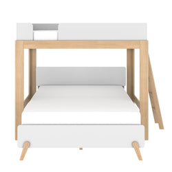 Modern Scandinavian light wood loft bunk bed with white panels and ladder, space-saving lower full-size bed for kids or guests