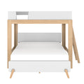 Modern Scandinavian light wood loft bunk bed with white panels and ladder, space-saving lower full-size bed for kids or guests