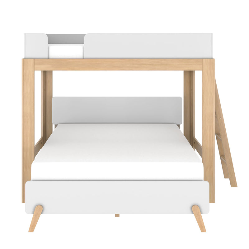 Modern Scandinavian light wood loft bunk bed with white panels and ladder, space-saving lower full-size bed for kids or guests