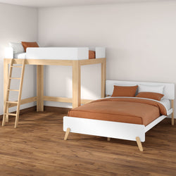 Scandinavian minimalist bedroom with natural wood loft bed and white single platform bed, terracotta bedding on hardwood floor