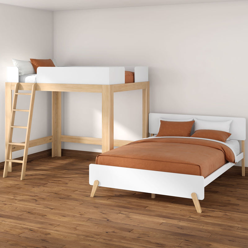Scandinavian minimalist bedroom with natural wood loft bed and white single platform bed, terracotta bedding on hardwood floor