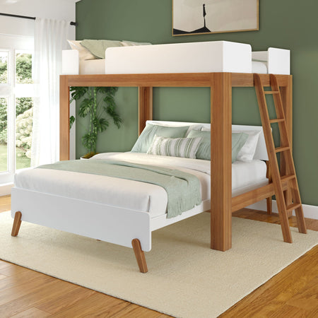 Modern wooden loft bed with cozy bedding in a stylish green bedroom interior.