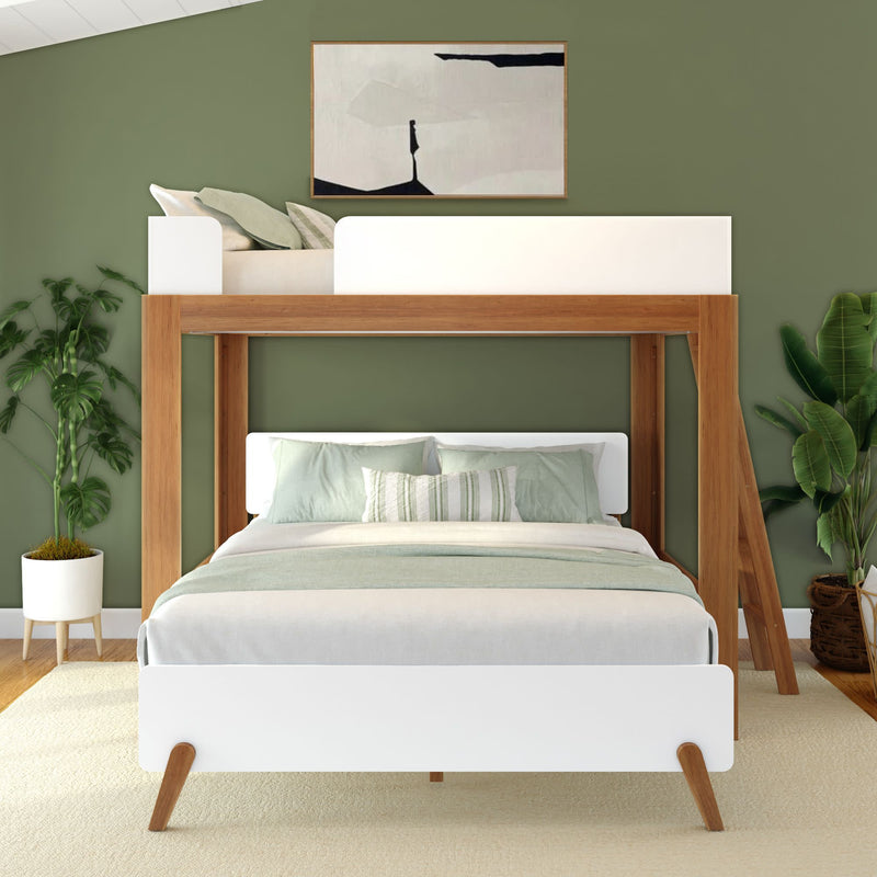Modern loft bed design with stylish wood frame and green bedding in serene bedroom setting.