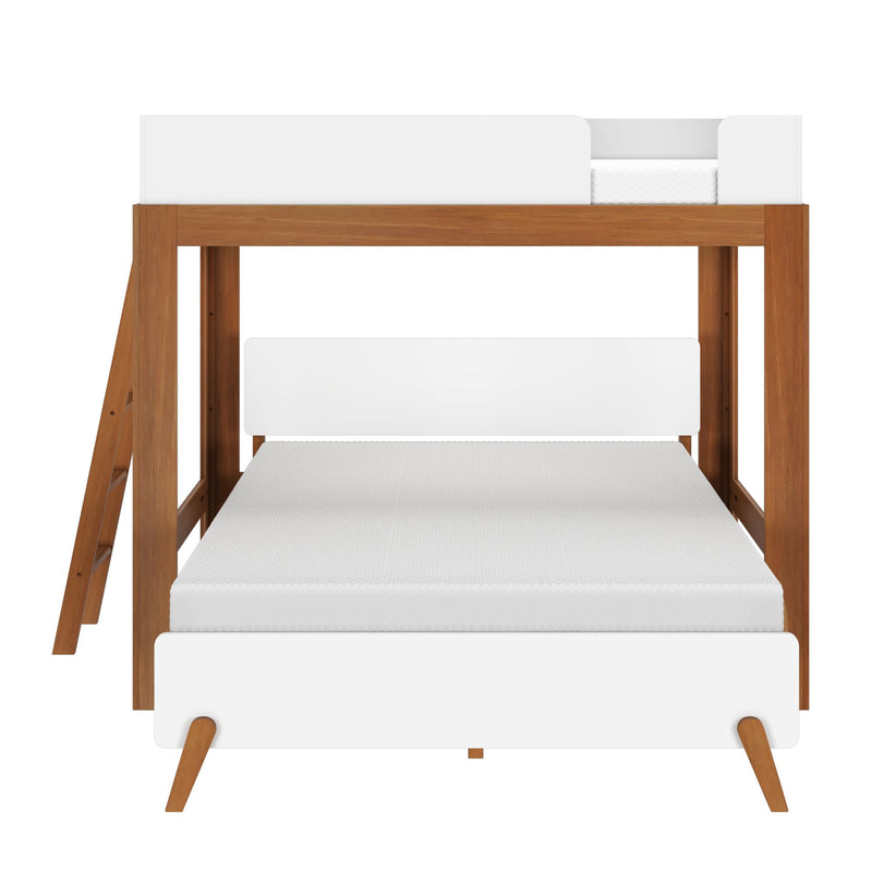 Stylish wooden bunk bed with white mattress showcasing modern design for bedroom furniture.