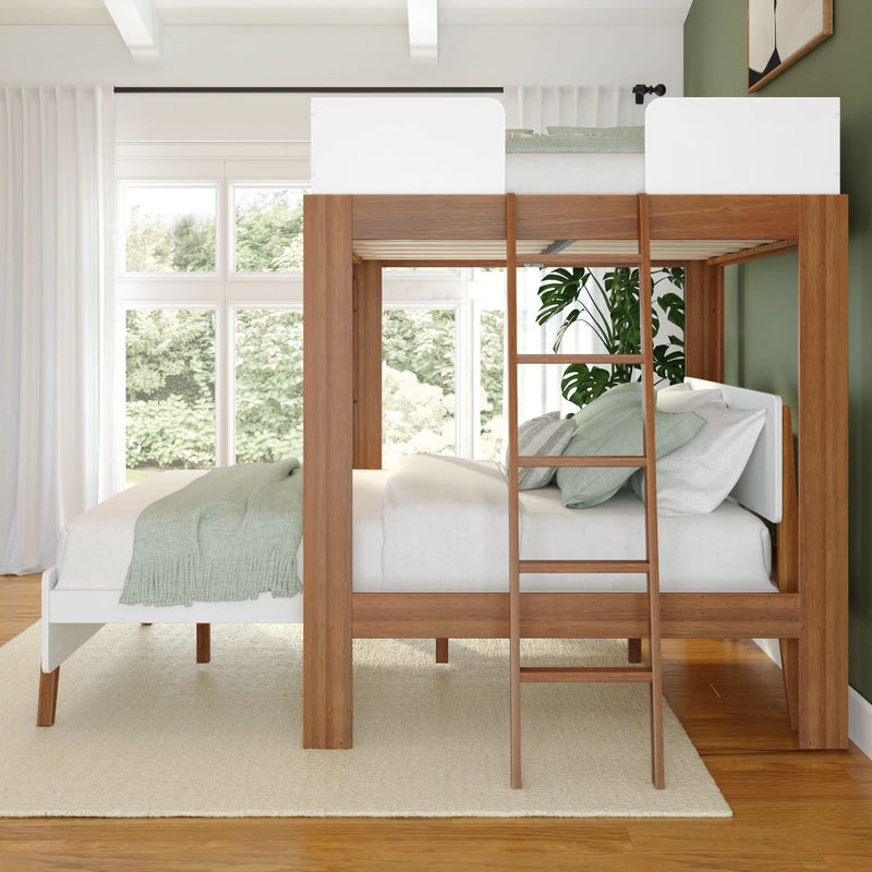 Stylish wooden bunk bed with white bedding and green accents in modern bedroom with large windows.